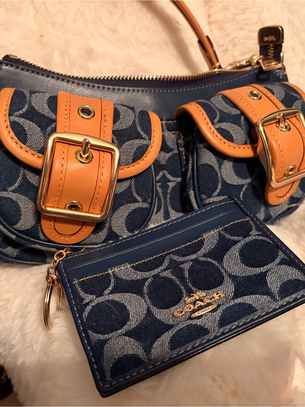 Coach Denim Signature Shoulder Bag with Tan Leather Accents